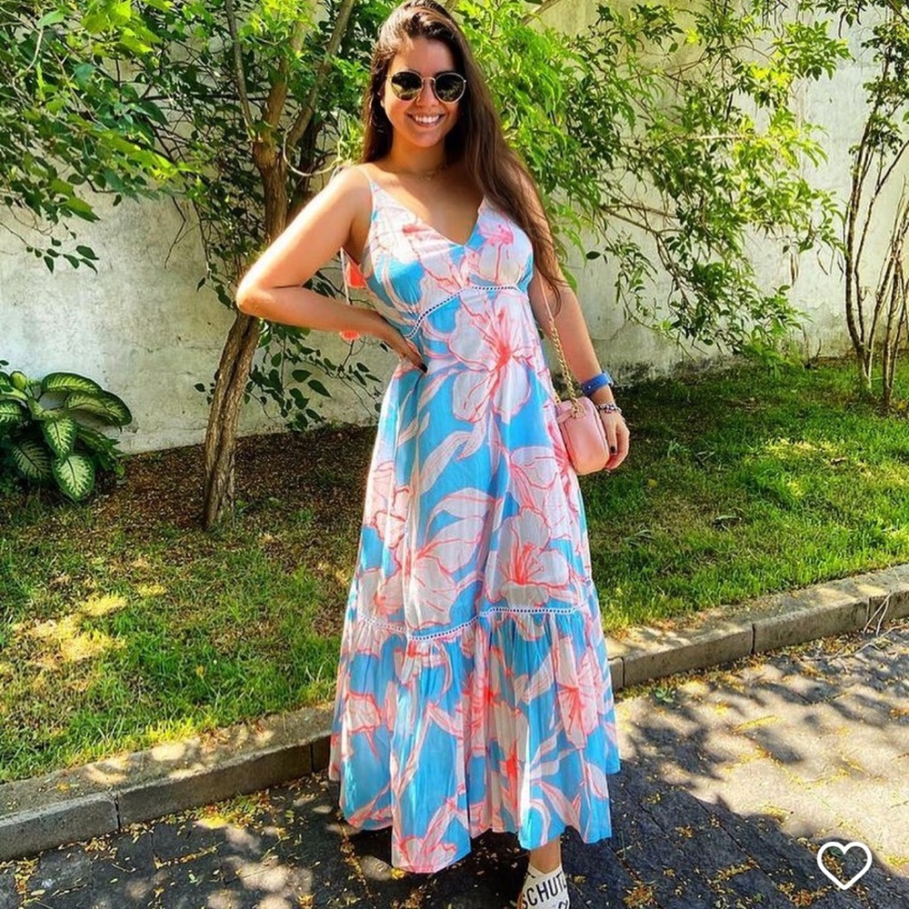FARM Rio Blue Floral Maxi Dress with Coral Accents - Picture 4 of 9